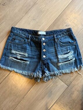 KanCan Dark Blue Distressed Button-Front Denim Shorts